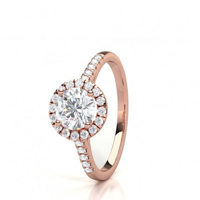 Round Brilliant Solitaire Halo Diamond Ring with Side Stones, Rose Gold