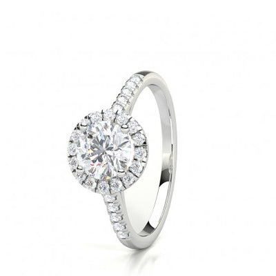 Round Brilliant Solitaire Halo Diamond Ring with Side Stones, White Gold