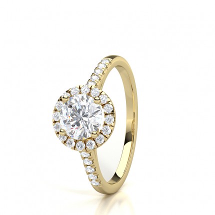 Round Brilliant Solitaire Halo Diamond Ring with Side Stones, Yellow Gold